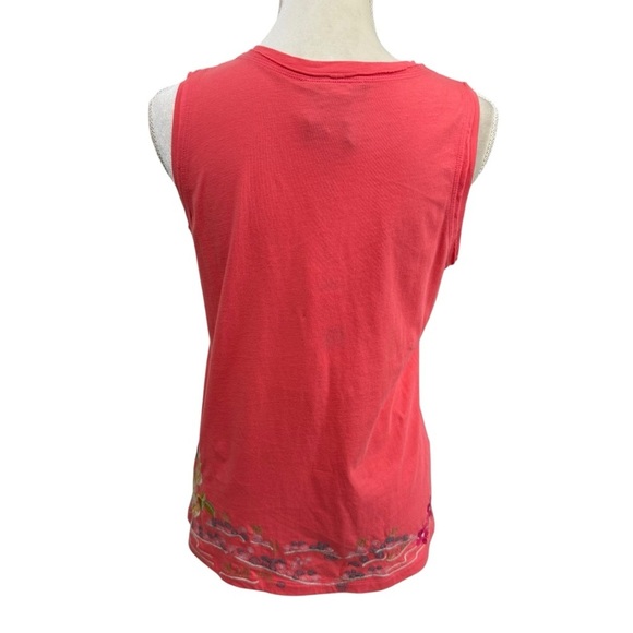 Johnny Was XS Embroidered Celina Tank Top Raw Edge V-Neck Peacock Floral Coral - Picture 5 of 13
